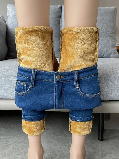 Slim Womens Warm Fleece Jeans High Waist Stretch Pants Winter Thicken Velvet Skinny Leggings Fashio 3