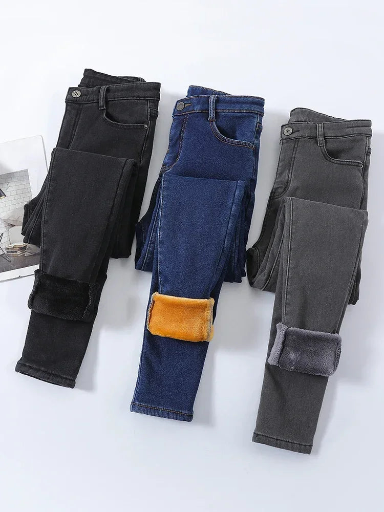 Slim Womens Warm Fleece Jeans High Waist Stretch Pants Winter Thicken Velvet Skinny Leggings Fashio 4