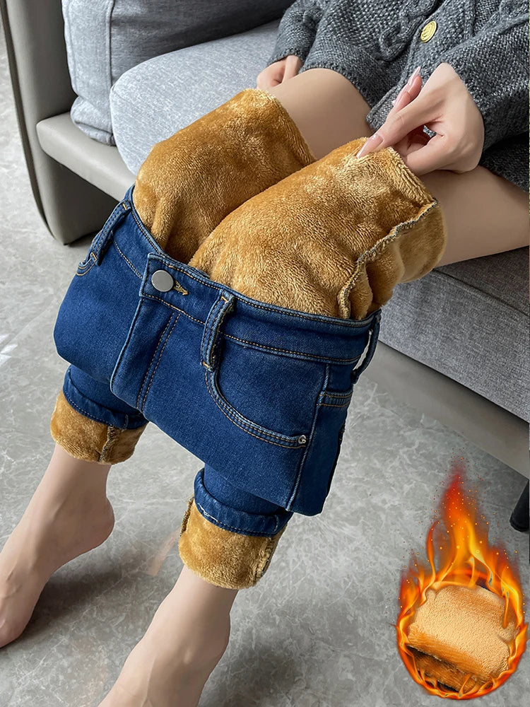 Slim Womens Warm Fleece Jeans High Waist Stretch Pants Winter Thicken Velvet Skinny Leggings Fashio 5