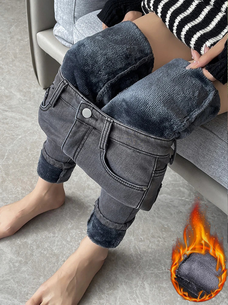 Slim Womens Warm Fleece Jeans High Waist Stretch Pants Winter Thicken Velvet Skinny Leggings Fashio 6