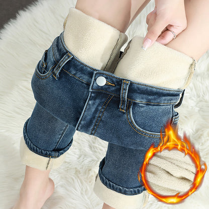 Womens Winter Fleece Jeans, Thickened Warm Denim Pants, Retro Slim Straight Elastic Cotton Fashion Trousers