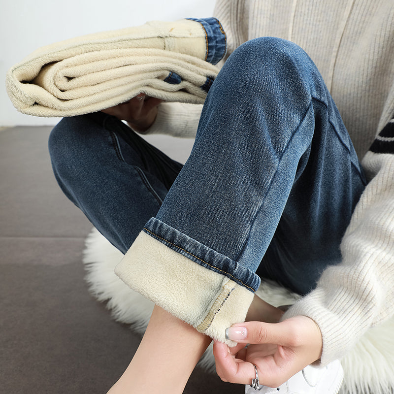 Womens Winter Fleece Jeans, Thickened Warm Denim Pants, Retro Slim Straight Elastic Cotton Fashion Trousers