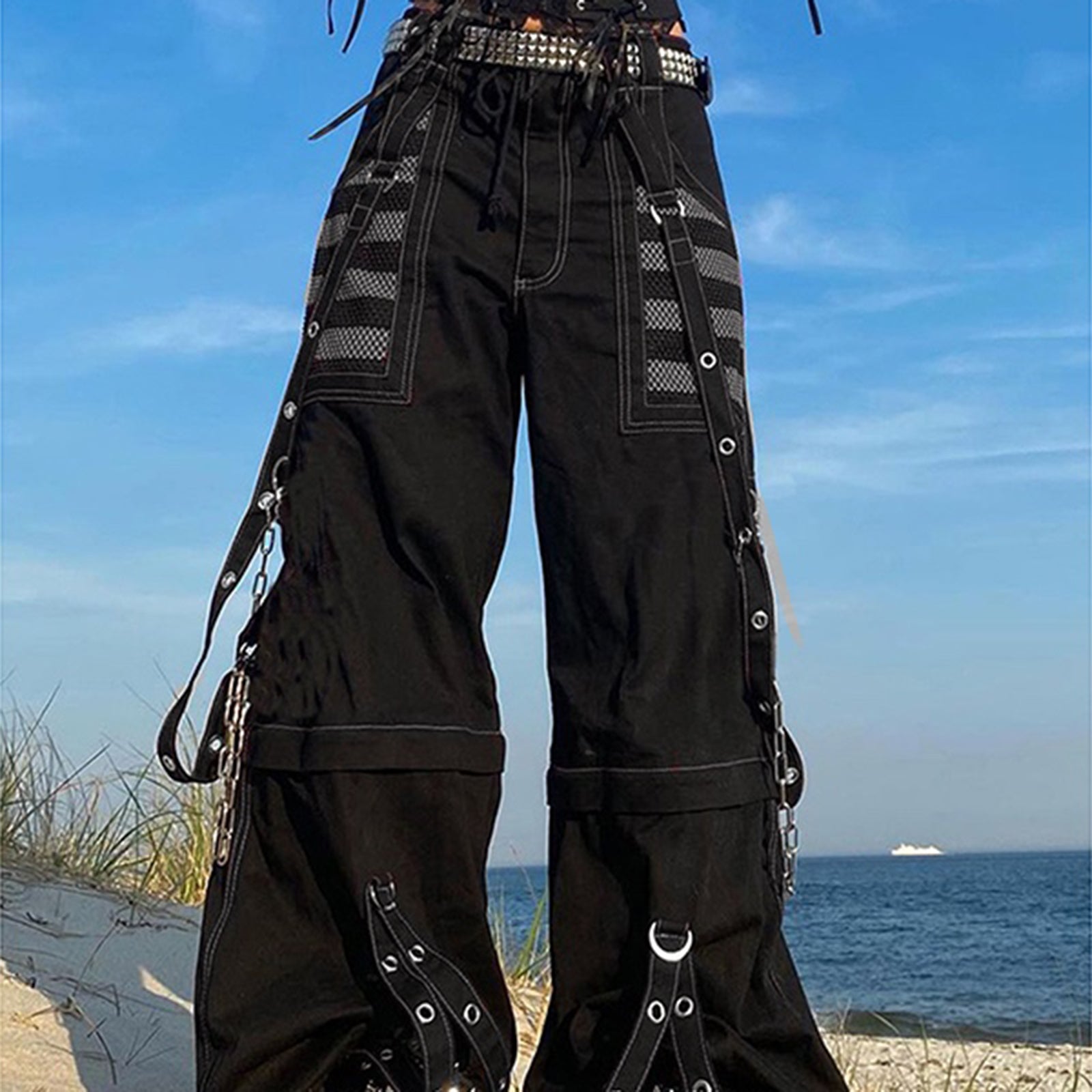 Women Fall Winter Cargo Jeans, Striped Loose Casual Trousers, Street wear Pants with Pockets, Zipper Button Closure