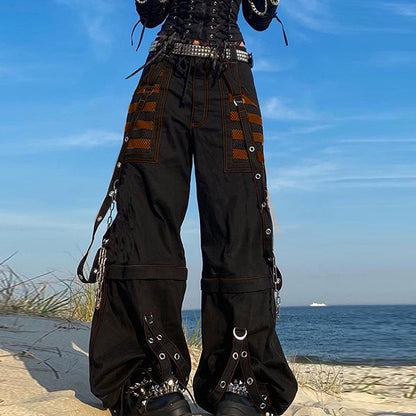 Women Fall Winter Cargo Jeans Striped Loose Casual Trousers Street Wear Pants With Pockets Zipper B 1