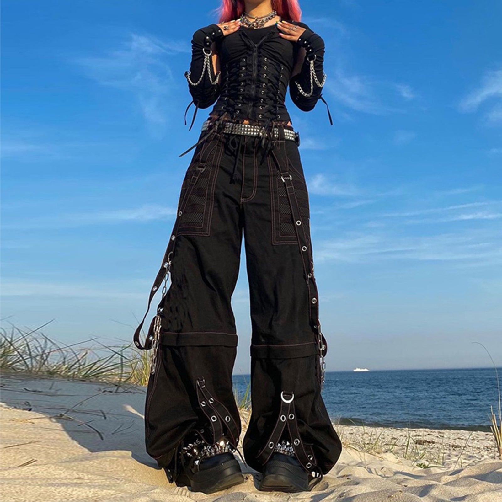 Women Fall Winter Cargo Jeans Striped Loose Casual Trousers Street Wear Pants With Pockets Zipper B 2