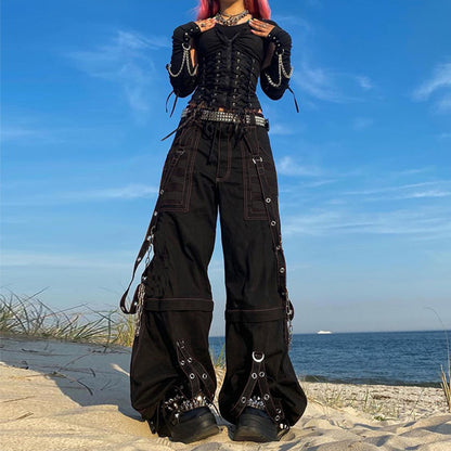 Women Fall Winter Cargo Jeans Striped Loose Casual Trousers Street Wear Pants With Pockets Zipper B 2