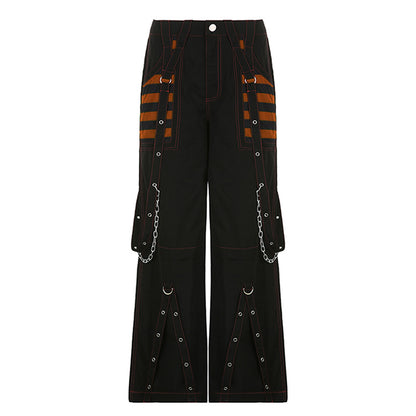 Women Fall Winter Cargo Jeans Striped Loose Casual Trousers Street Wear Pants With Pockets Zipper B 8