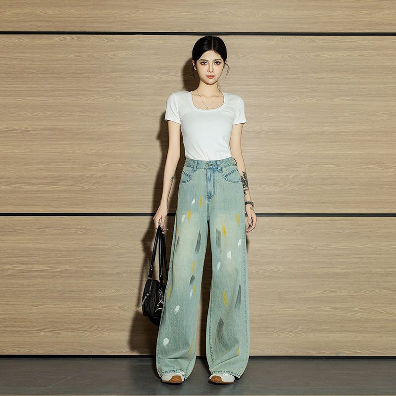 Autumn Retro Graffiti Womens Jeans, High-Waisted Mop Pants, Niche Straight Denim for Women