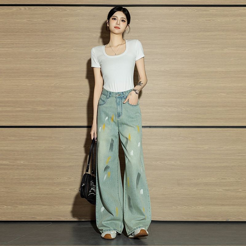 Autumn Retro Graffiti Womens Jeans, High-Waisted Mop Pants, Niche Straight Denim for Women