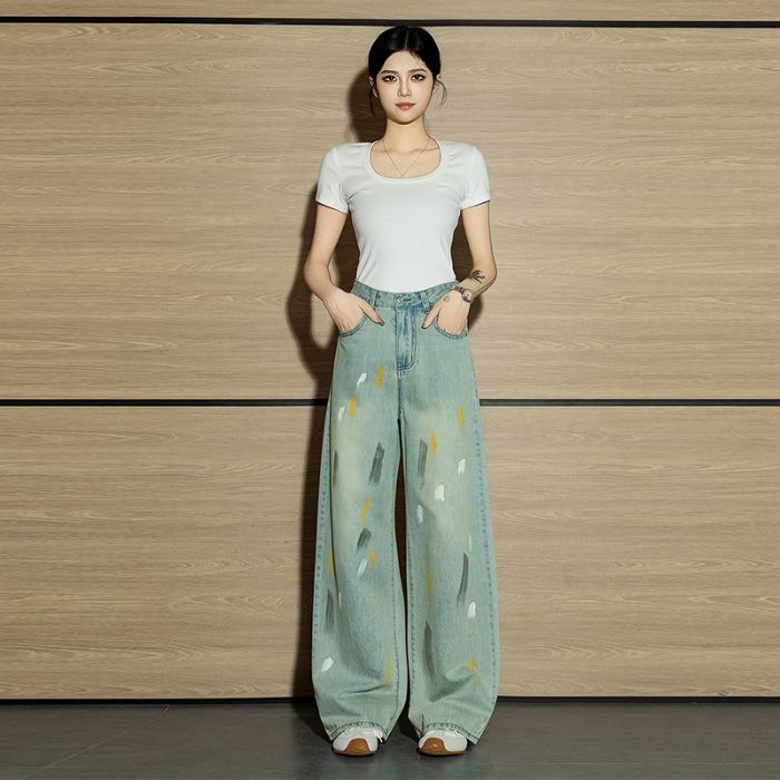 Autumn Retro Graffiti Womens Jeans, High-Waisted Mop Pants, Niche Straight Denim for Women