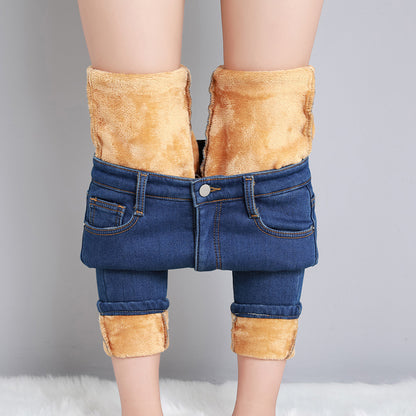 Women Thermal Jeans Warm Fleece Lined Winter Denim Pants Stretch Skinny Retro Blue Thicken Pencil T 7