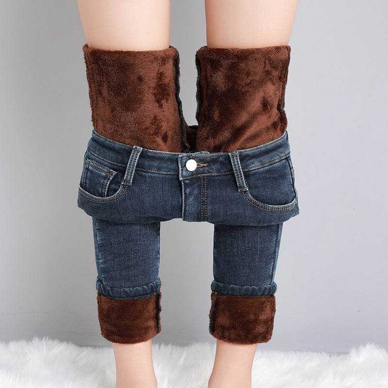 Women Thermal Jeans Warm Fleece Lined Winter Denim Pants Stretch Skinny Retro Blue Thicken Pencil T 10