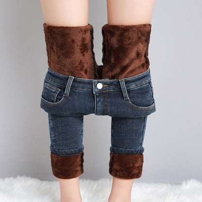 Women Thermal Jeans Warm Fleece Lined Winter Denim Pants Stretch Skinny Retro Blue Thicken Pencil T 10