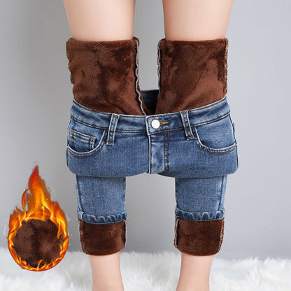Women Thermal Jeans Warm Fleece Lined Winter Denim Pants Stretch Skinny Retro Blue Thicken Pencil T 11