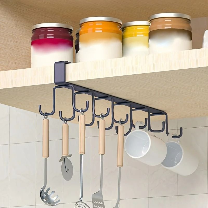 Home Simple Kitchen Double Row Hook Rack Hanging Traceless Iron Cup Hook Hanging Shelf For Kitchen  3