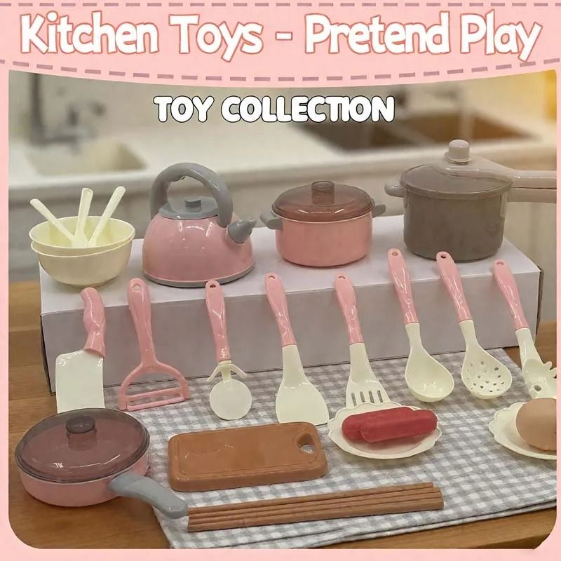 Kids Kitchen Toy Set 28 PCS Play Kitchen Accessories Cooking Pretend Food Hot Play Pots