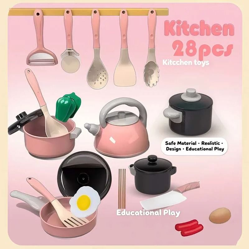 Kids Kitchen Toy Set 28 PCS Play Kitchen Accessories Cooking Pretend Food Hot Play Pots 4