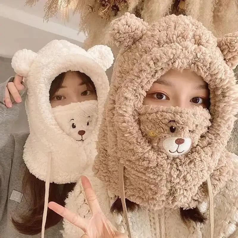 Cute Bear Plush Winter Hat with Earflaps – Warm Furry Balaclava Hood for Women and Girls