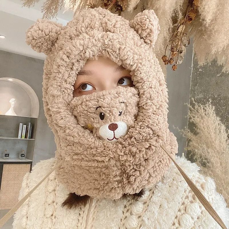 Cute Bear Plush Winter Hat With Earflaps  Warm Furry Balaclava Hood For Women And Girls 3