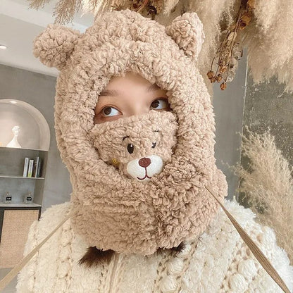Cute Bear Plush Winter Hat With Earflaps  Warm Furry Balaclava Hood For Women And Girls 3