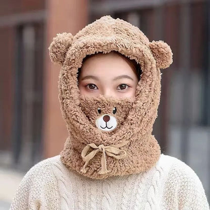 Cute Bear Plush Winter Hat With Earflaps  Warm Furry Balaclava Hood For Women And Girls 4