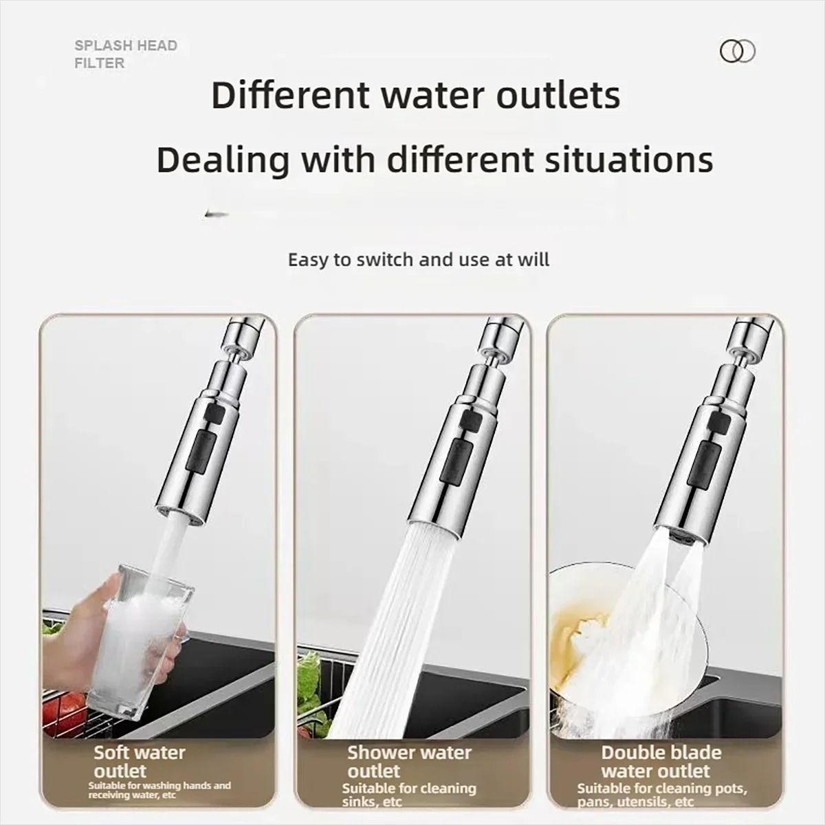 Universal 720 Degree Swivel Kitchen Faucet Sprayer Three Mode Adjustable Water Flow Tap Extender Wi 4
