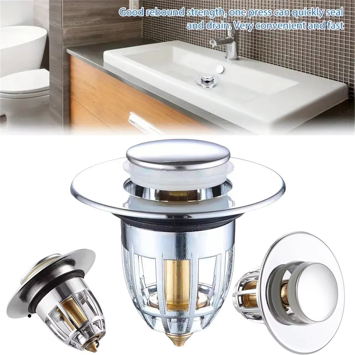 Universal Rebound PopUp Drain Plug Filter  Chrome Sink Strainer With Hair Catcher  EasyPush Stopper 1