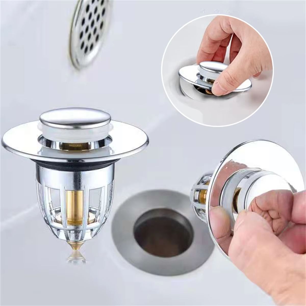 Universal Rebound PopUp Drain Plug Filter  Chrome Sink Strainer With Hair Catcher  EasyPush Stopper 2