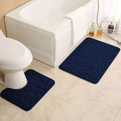 Embossed Stone Pattern Absorbent Bathroom and Door Mat Set