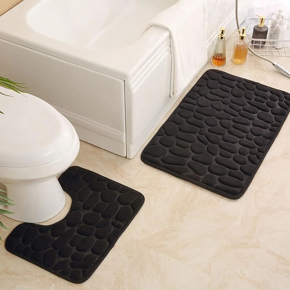 Embossed Stone Pattern Absorbent Bathroom And Door Mat Set 2