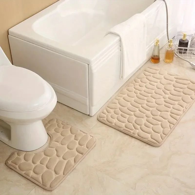 Embossed Stone Pattern Absorbent Bathroom And Door Mat Set 5