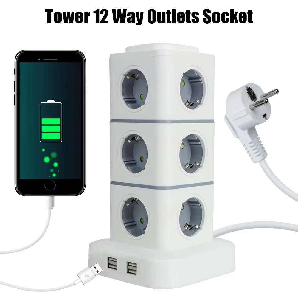 VoltTower 12-Way Power Strip & USB Charging Station – 2.8 m Extension Cord EU Plug