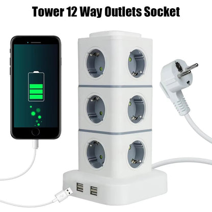 VoltTower 12-Way Power Strip & USB Charging Station – 2.8 m Extension Cord EU Plug