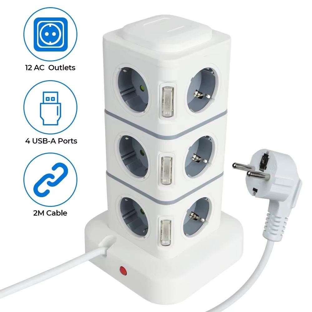 VoltTower 12Way Power Strip  USB Charging Station  28 M Extension Cord EU Plug 2