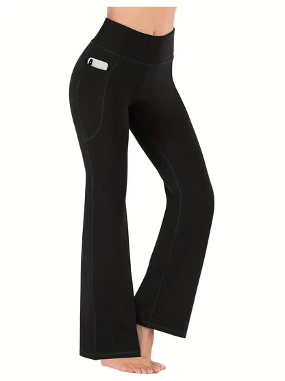 Womens High-Waist Flared Yoga Pants with Pockets – Tummy Control Stretch Fit