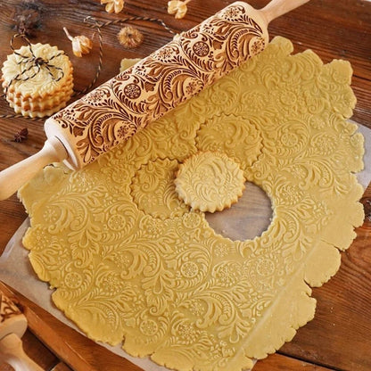 European Retro Flower Embossed Wooden Rolling Pin 13.78 Inch Beech Wood Cookie Roller