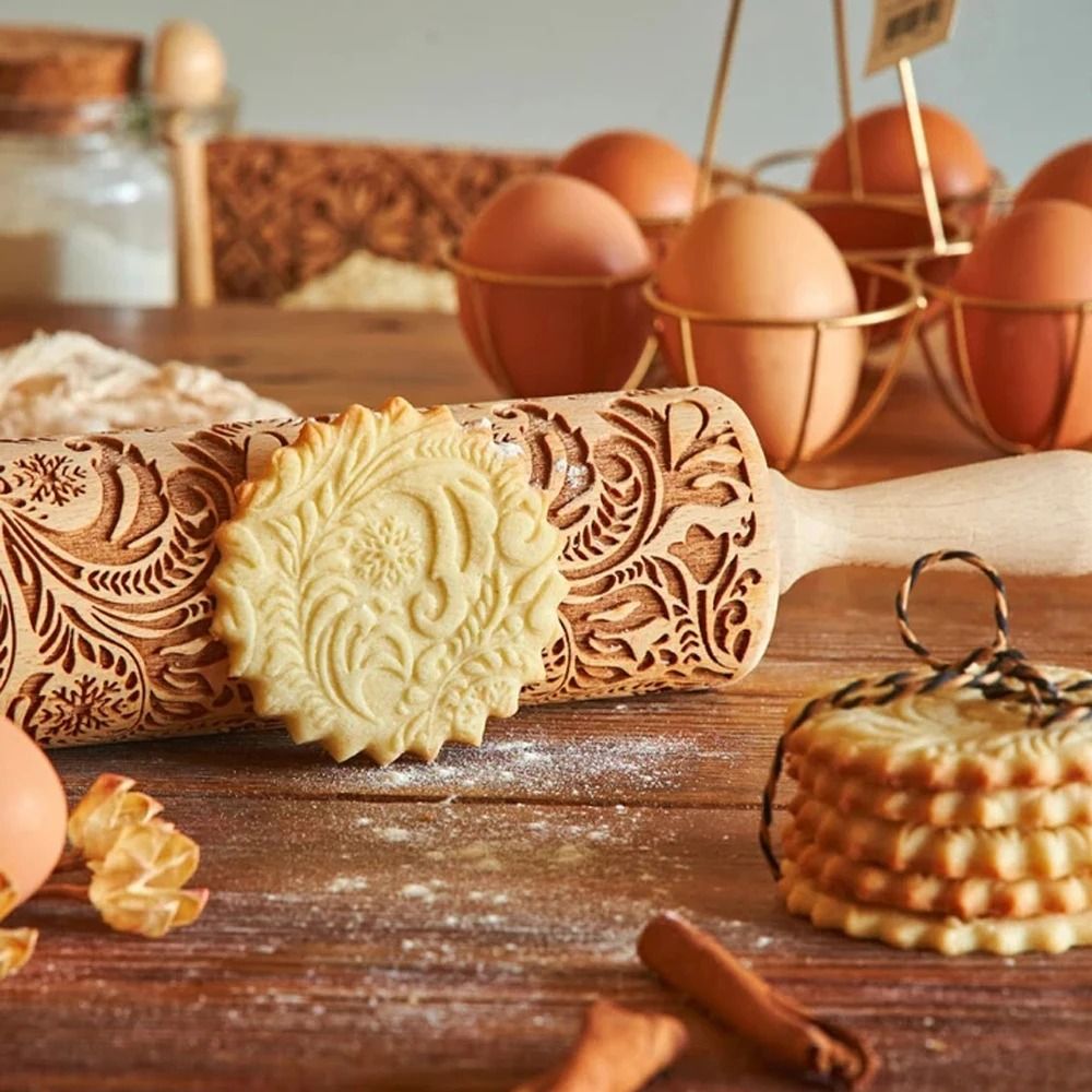 European Retro Flower Embossed Wooden Rolling Pin 1378 Inch Beech Wood Cookie Roller 1