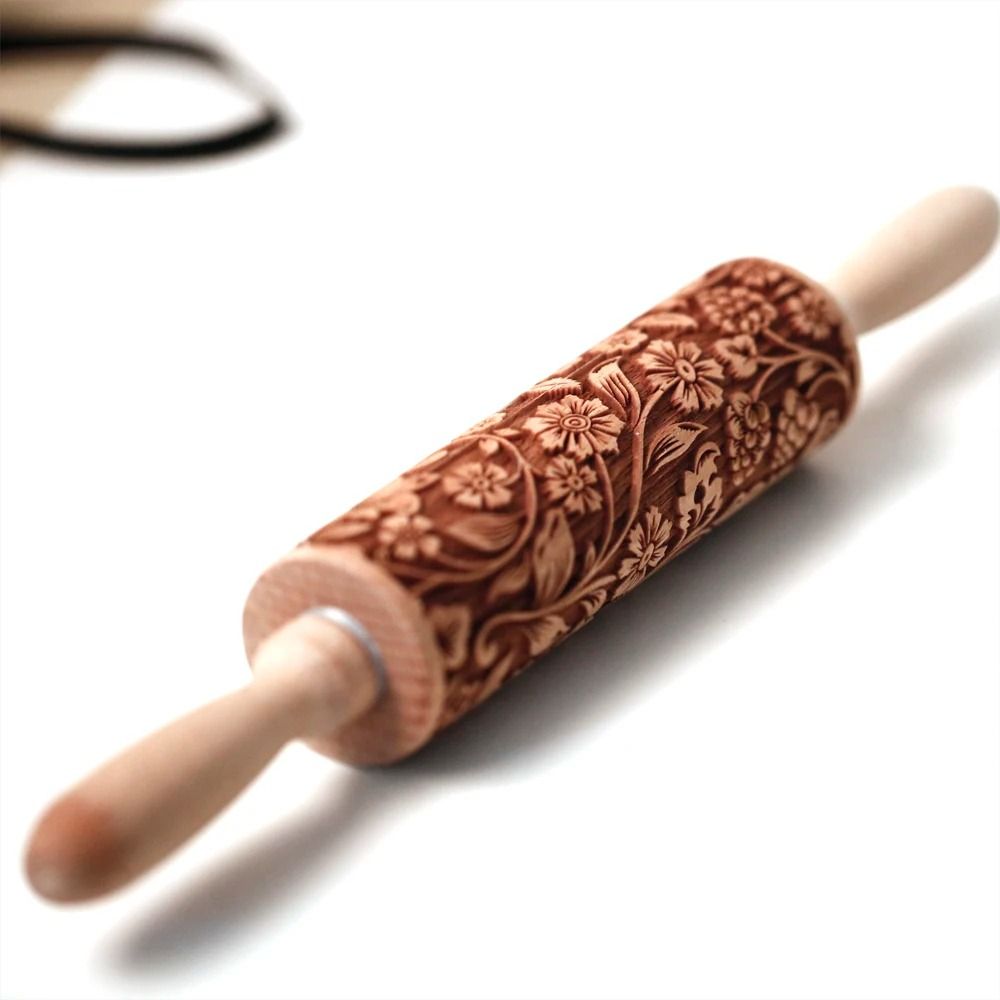 European Retro Flower Embossed Wooden Rolling Pin 1378 Inch Beech Wood Cookie Roller 7