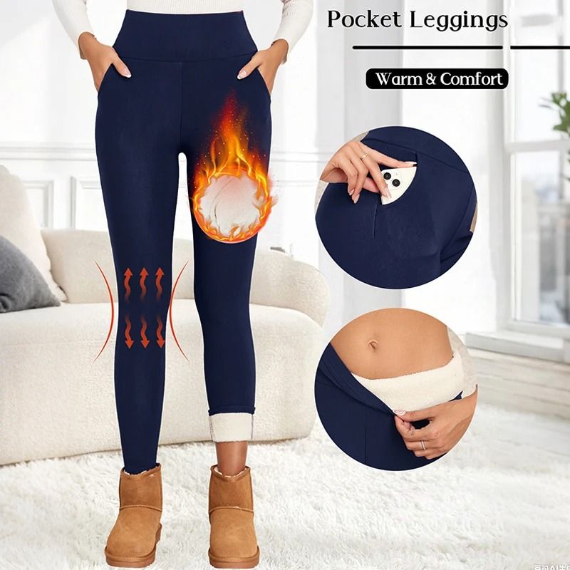 Women Velvet Fleece Leggings With Pockets Warm Winter Stretch Pants 1