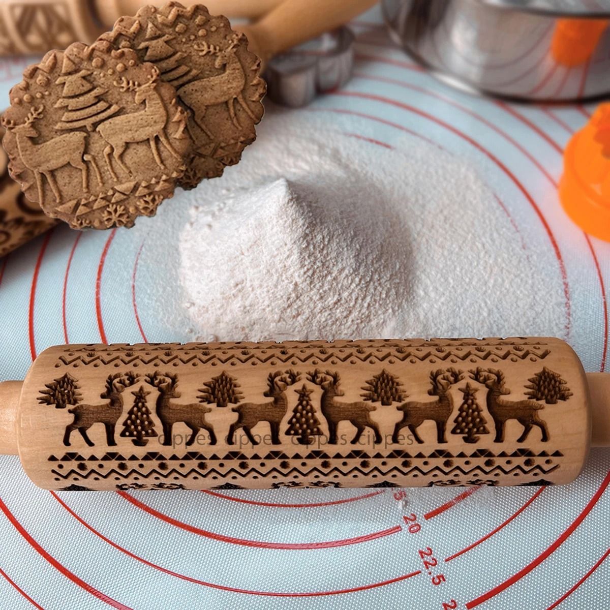 Christmas Wooden Rolling Pin With Reindeer Pattern Embossed Cookie Roller 5
