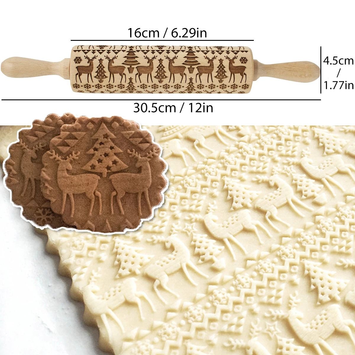 Christmas Wooden Rolling Pin With Reindeer Pattern Embossed Cookie Roller 8