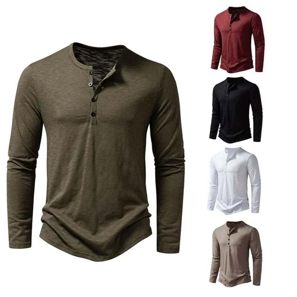 Men Cotton Long Sleeve Henley Shirt Casual Slim Fit Top
