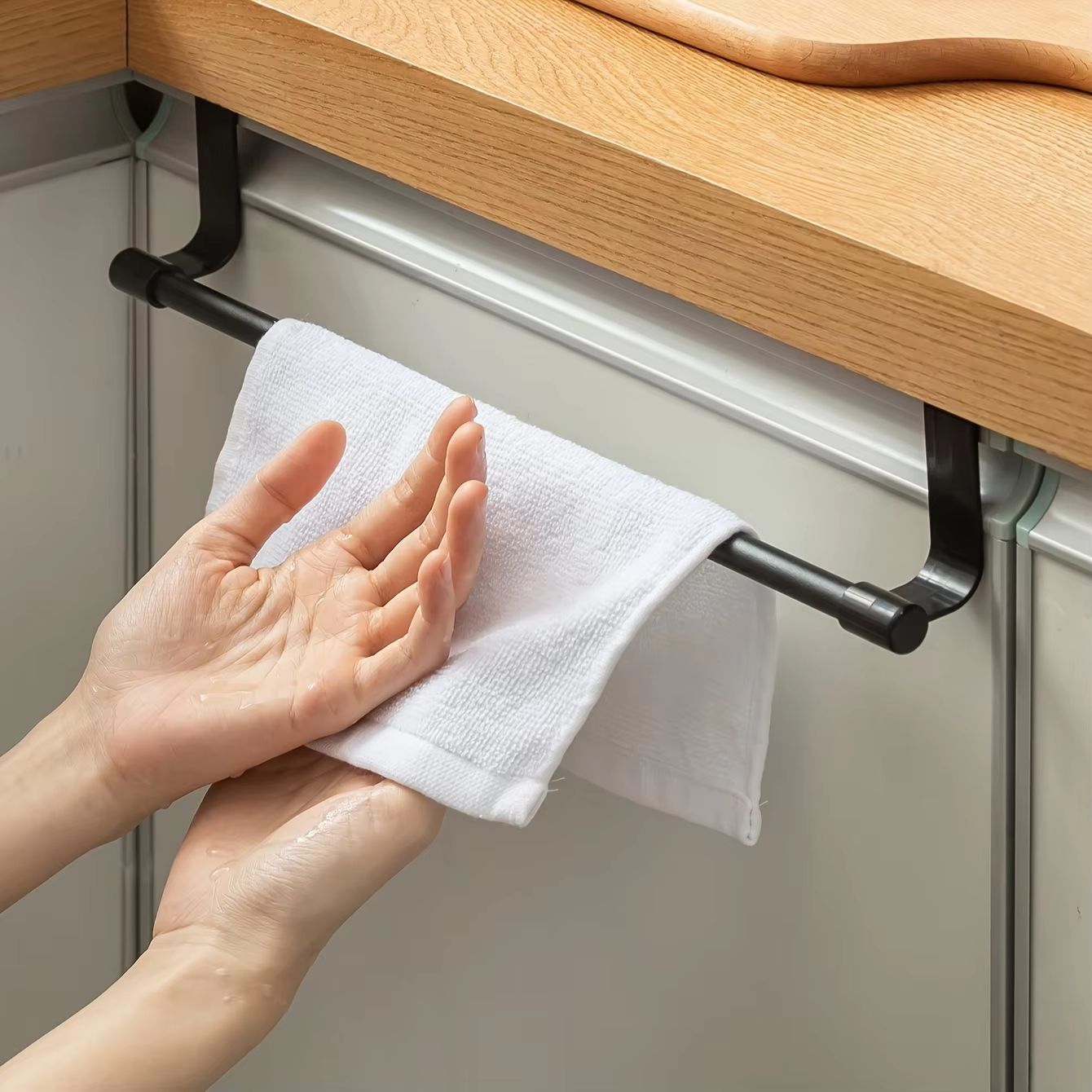White Plastic Towel Rack  Cabinet Door Mounted Towel Bar With Multiple Hooks For Kitchen  Bathroom  2