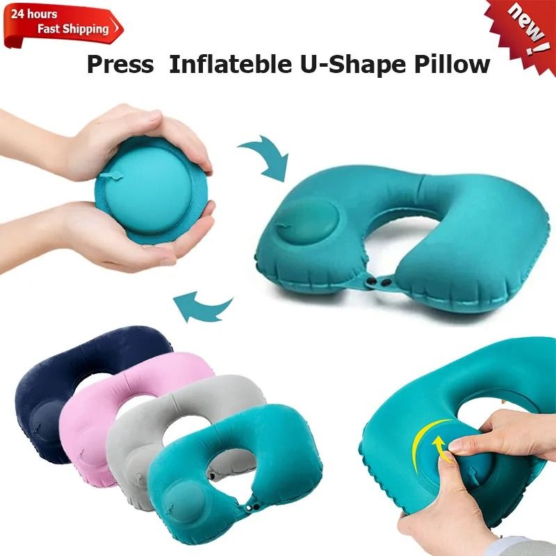 Inflatable U-Shape Travel Pillow with Built-In Pump