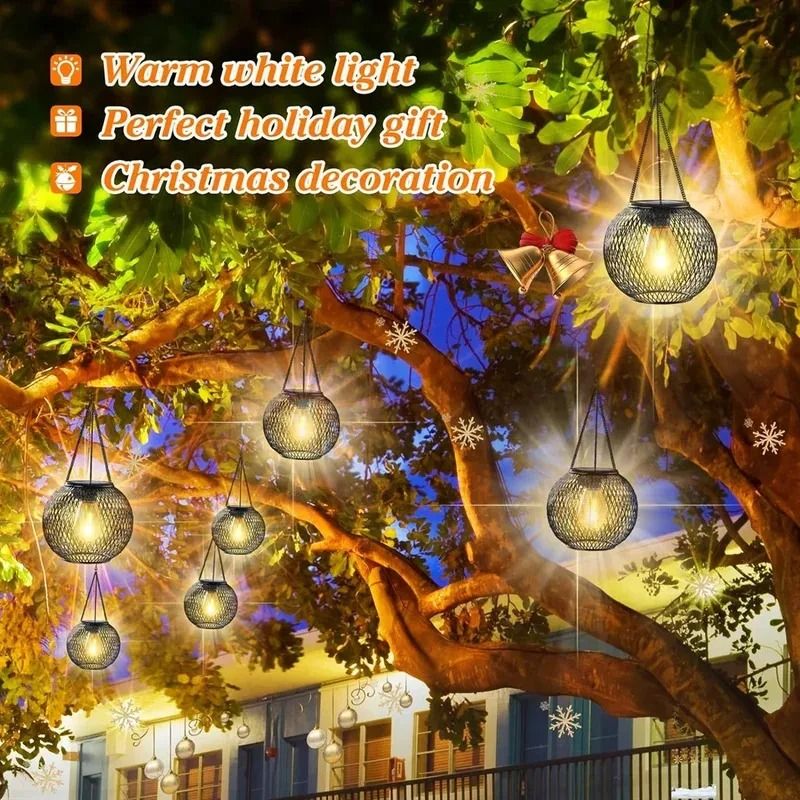 Solar Hanging Lantern Outdoor Light  Waterproof Metal Decorative Garden Lamp With Retro LED Bulb 1