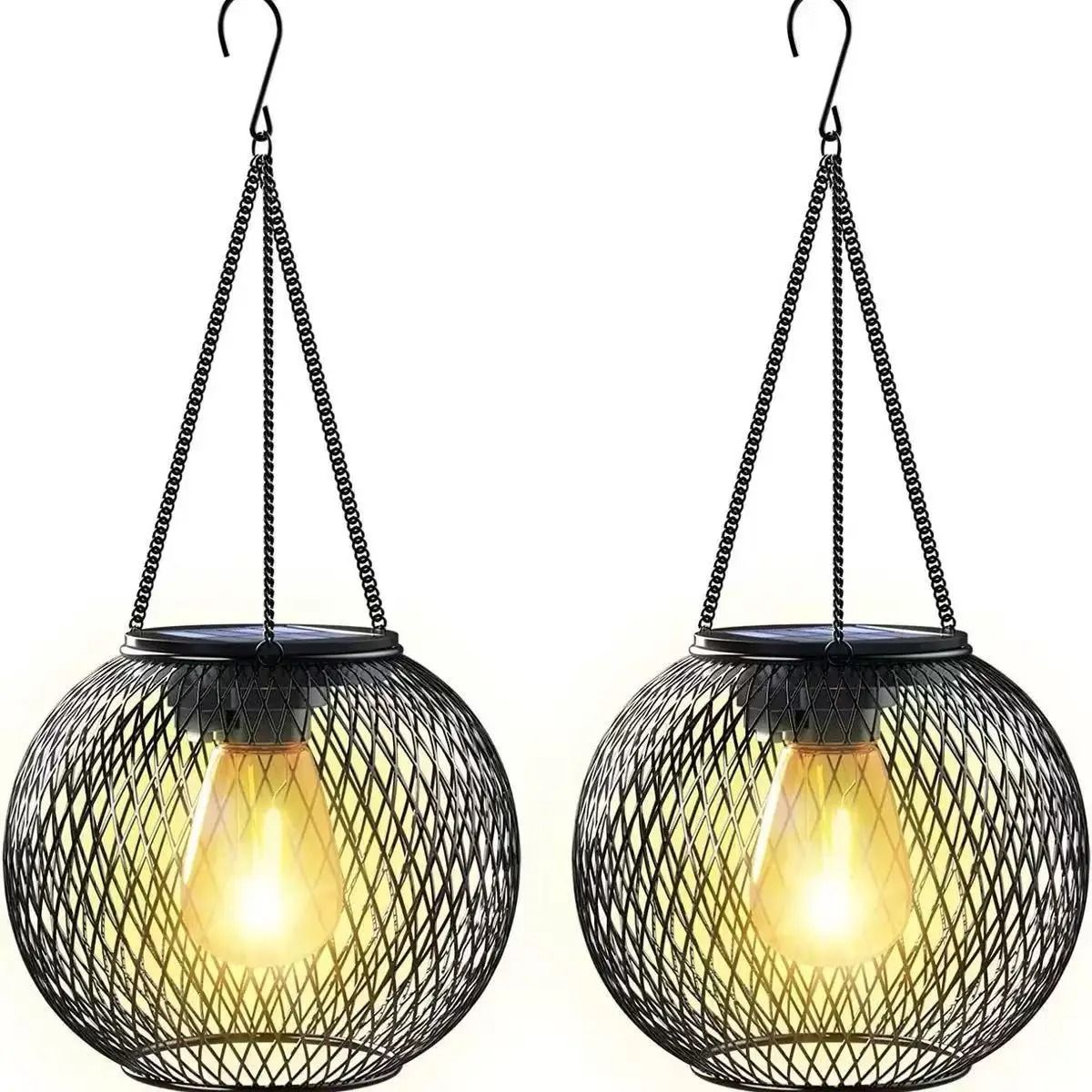Solar Hanging Lantern Outdoor Light  Waterproof Metal Decorative Garden Lamp With Retro LED Bulb 6