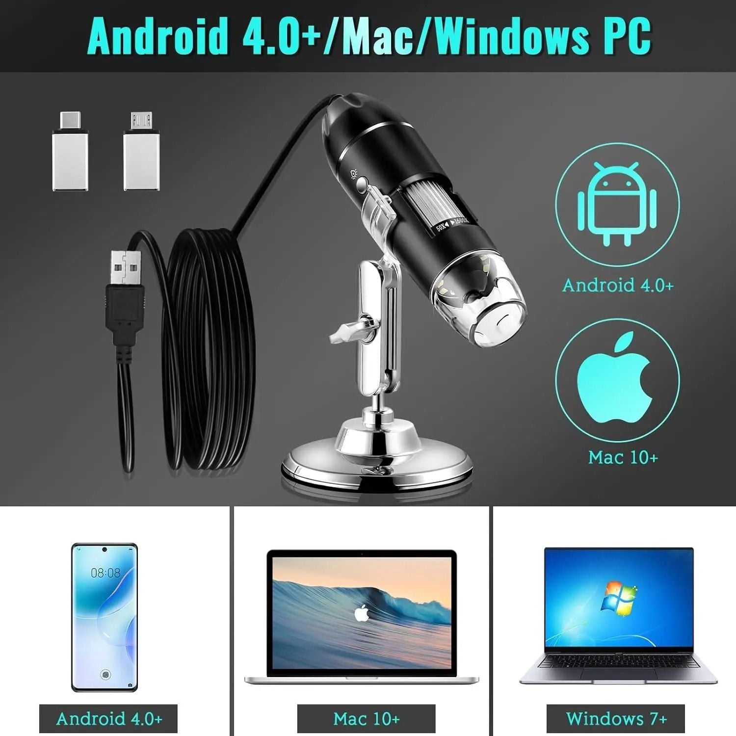 1600X USB Digital Microscope With 1080P HD Camera And Adjustable 8 LED Lights  Compatible With Andr 6