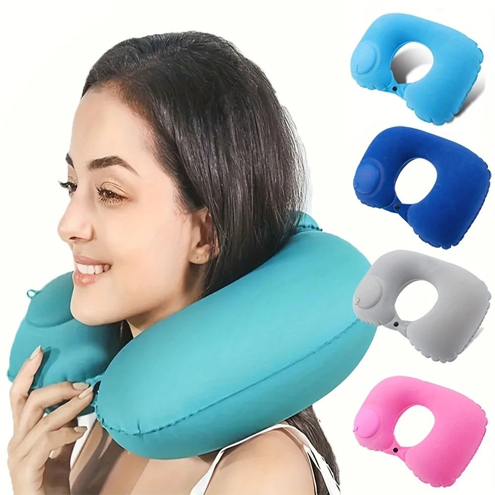 Inflatable Travel Neck Pillow with Soft Flocking Fabric – Portable U-Shaped Support Cushion for Airplane, Camping, and B