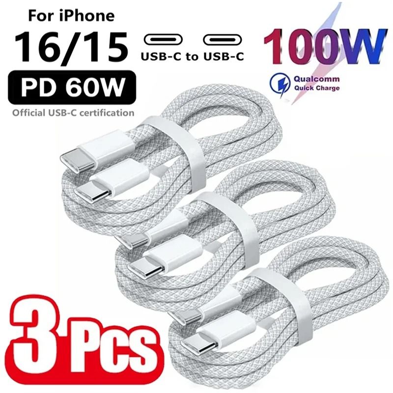 3 Pack USB C to USB C 100W Fast Charging Cable Durable Quick Charger Cord 1m