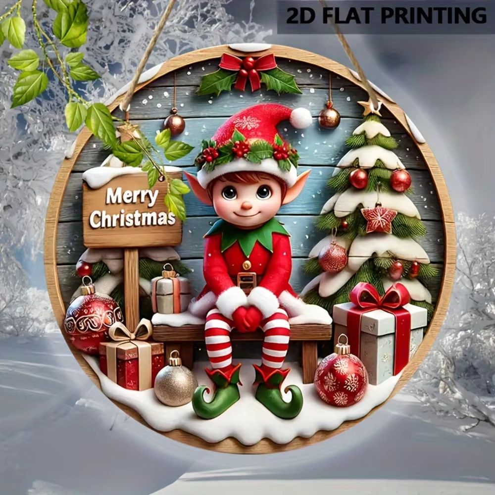 Christmas Elf Wooden Sign  2007 Cm Round Rustic Holiday Decor 1